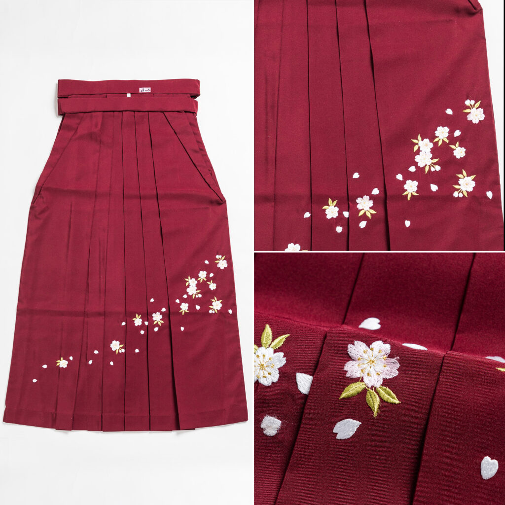 深紅色に桜の手刺繍の袴 (S)【has002】