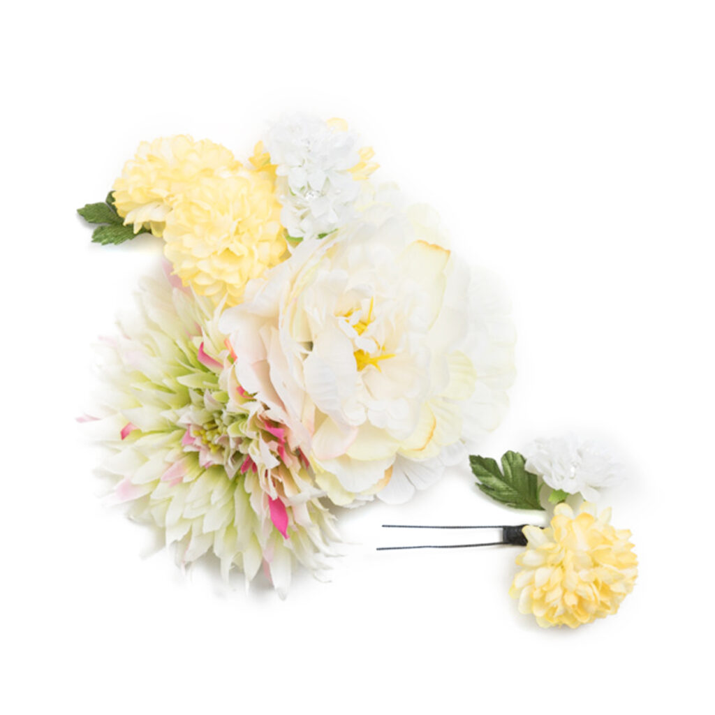 白から黄色系の牡丹・ダリア・菊・カーネーションの造花かんざし【kzs042】
